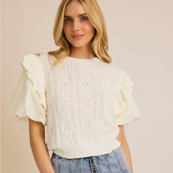 Gilli Cream Ruffled Short Sleeve Sweater - Picture 1 of 7